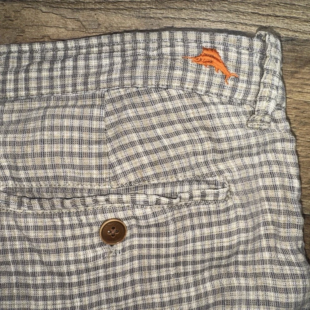 Tommy Bahama Men Weekend Shorts 33 Linen Tan Plaid Woven Beach Tropical